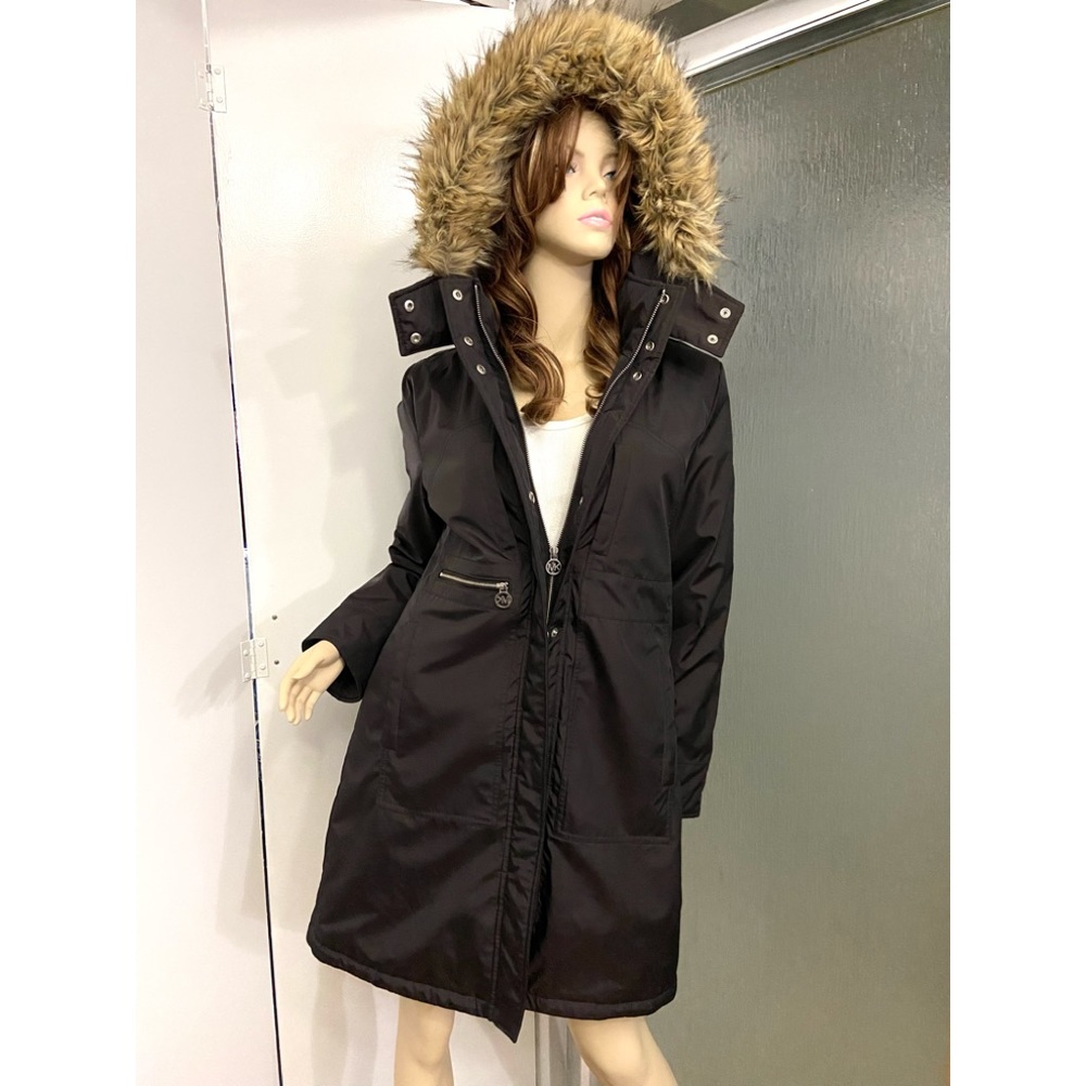 exc Michael Kors brown puffer winter coat jacket fur hoodie lined quilted trench